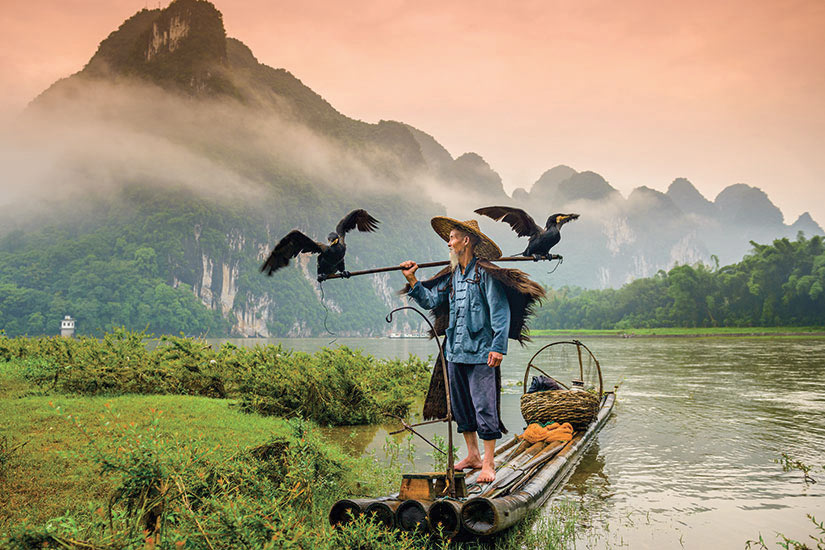 image Chine pecheur cormoran traditionnel fonctionne sur la riviere Li Yangshuo  fo
